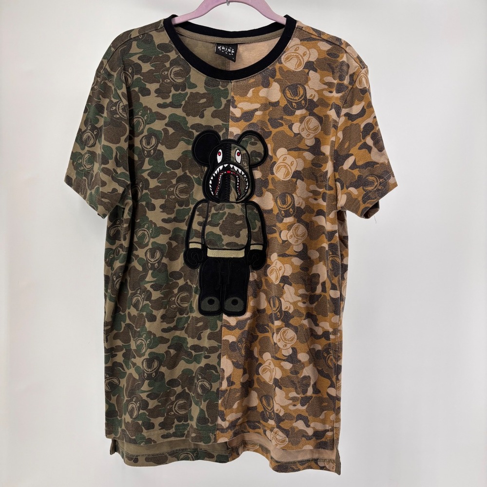 KRISP‎ NYC x BAPE Mens Camo Bearbrick Shark Patch Graphic T Shirt Size L